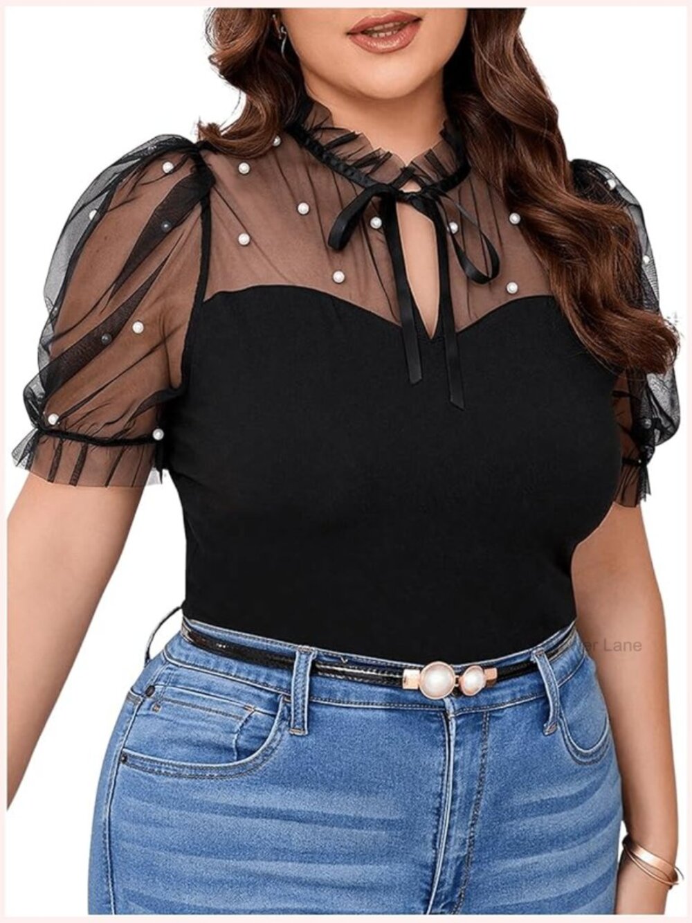 Plus Size Mesh Patchwork Tie Neck Puff Sleeve T-Shirt Top